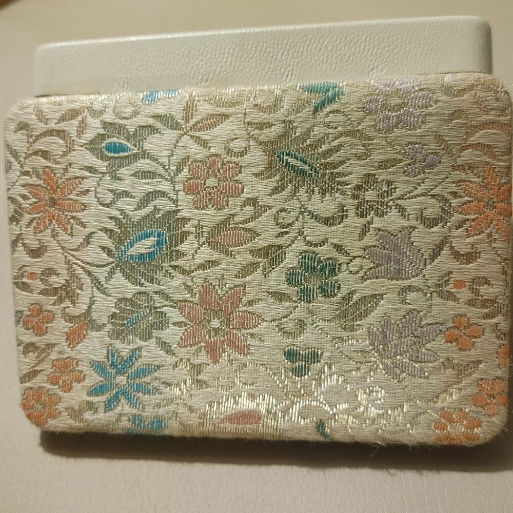 Vintage Floral Embroidered Jewelry Box Gold With Pastel Flowers Antique Trinket